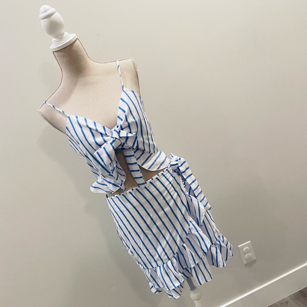 WYLDR London Two Piece Crop Top With Skirt - Ivory and Blue Stripe